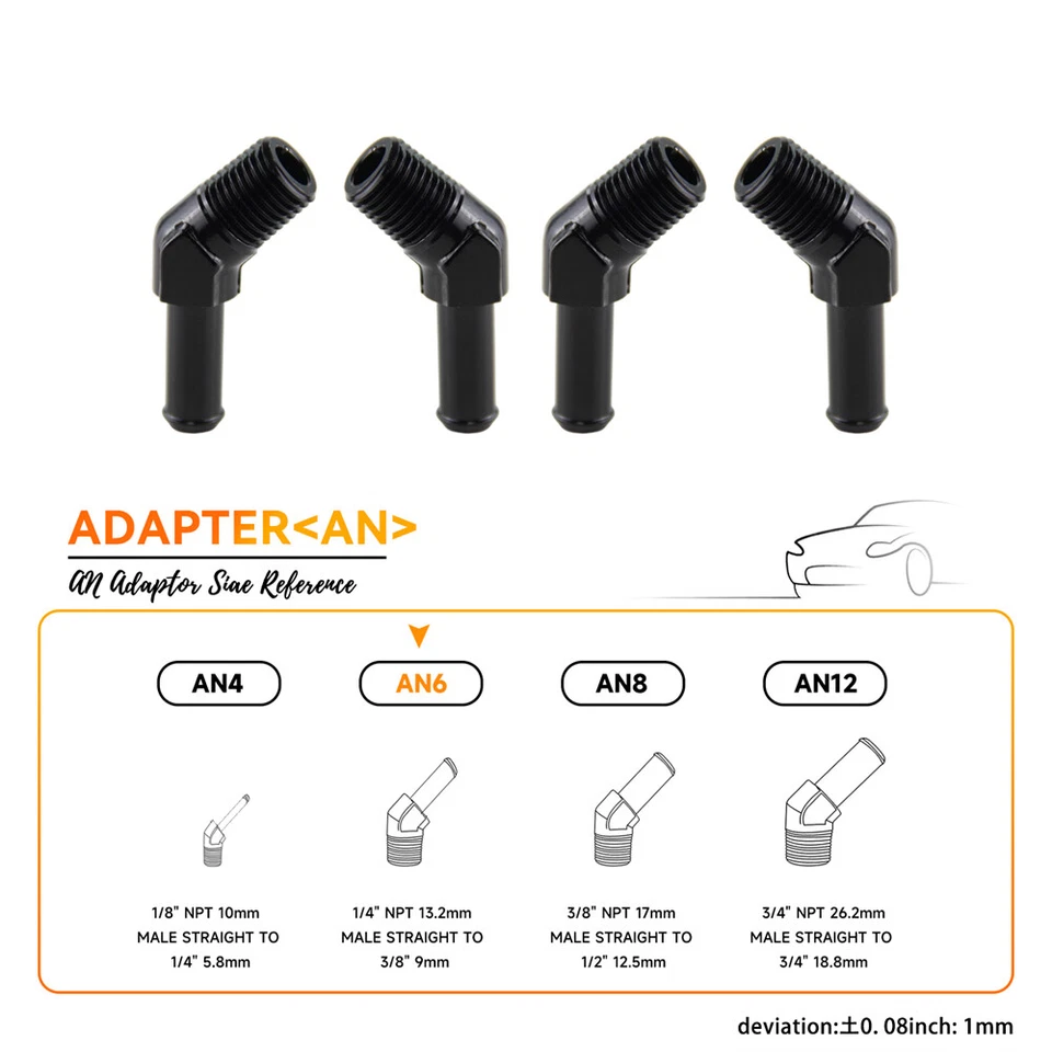 4PCS Aluminum AN6 1/4 NPT Male to 3/8" Hose Barb 45 Degree Adapter Fitting Black - Изображение 4 из 4