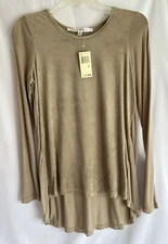 NWT Max Studio Faux Suede Beige High Low L/S Top Size Small Perforated Front