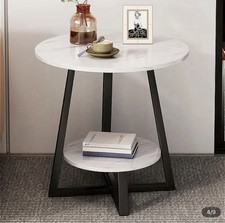 2 Tier Round Sofa Side End Table White Marble Effect MDF Tabletop & Metal Frame