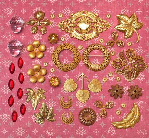 49 Piece Lot Vintage Miriam Haskell Jewelry Parts Stampings Findings Brooch Gold