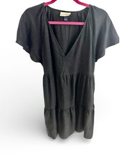 Universal Thread Black Linen Tiered A-Line Dress Short Sleeve V-Neck Size Small