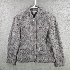 Coldwater Creek Shaped Purple Tweed Blazer Jacket Womens 10 Mock Neck Lined