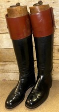 English Made Mahogany Topped Long Black Leather Riding Boots & Trees UK Size 10