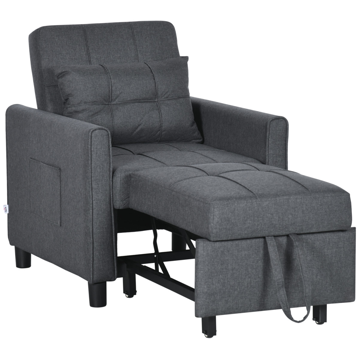 Homcom Grey Folding Chair Bed, Sleeper Chair With Pillow, Side Pockets - Image 2