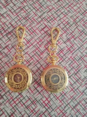 2 Joy & Iman Gold Tone Filigree Red & Green Face Pocket Watch Key Chain  Unused