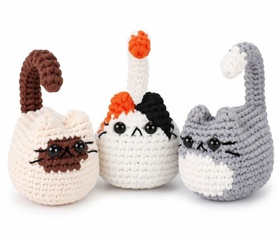 Cat Crochet Kit 3 Pack for Beginners Amigurumi DIY Set with Video Tutorial