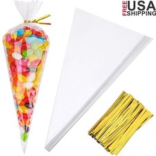 100 Clear Cone Treat Bags W/ Gold Twist Ties Snacks Popcorn Candy Cookies New