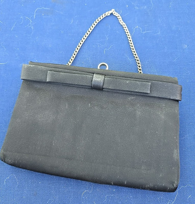 Vintage After Five Black Fabric Satin Clutch Bag Gold Chain Bow USA 1950s-60s