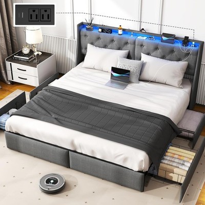Queen Bed Frame with 4 Storage Drawers and Charging ＆ Upholstered Headboard