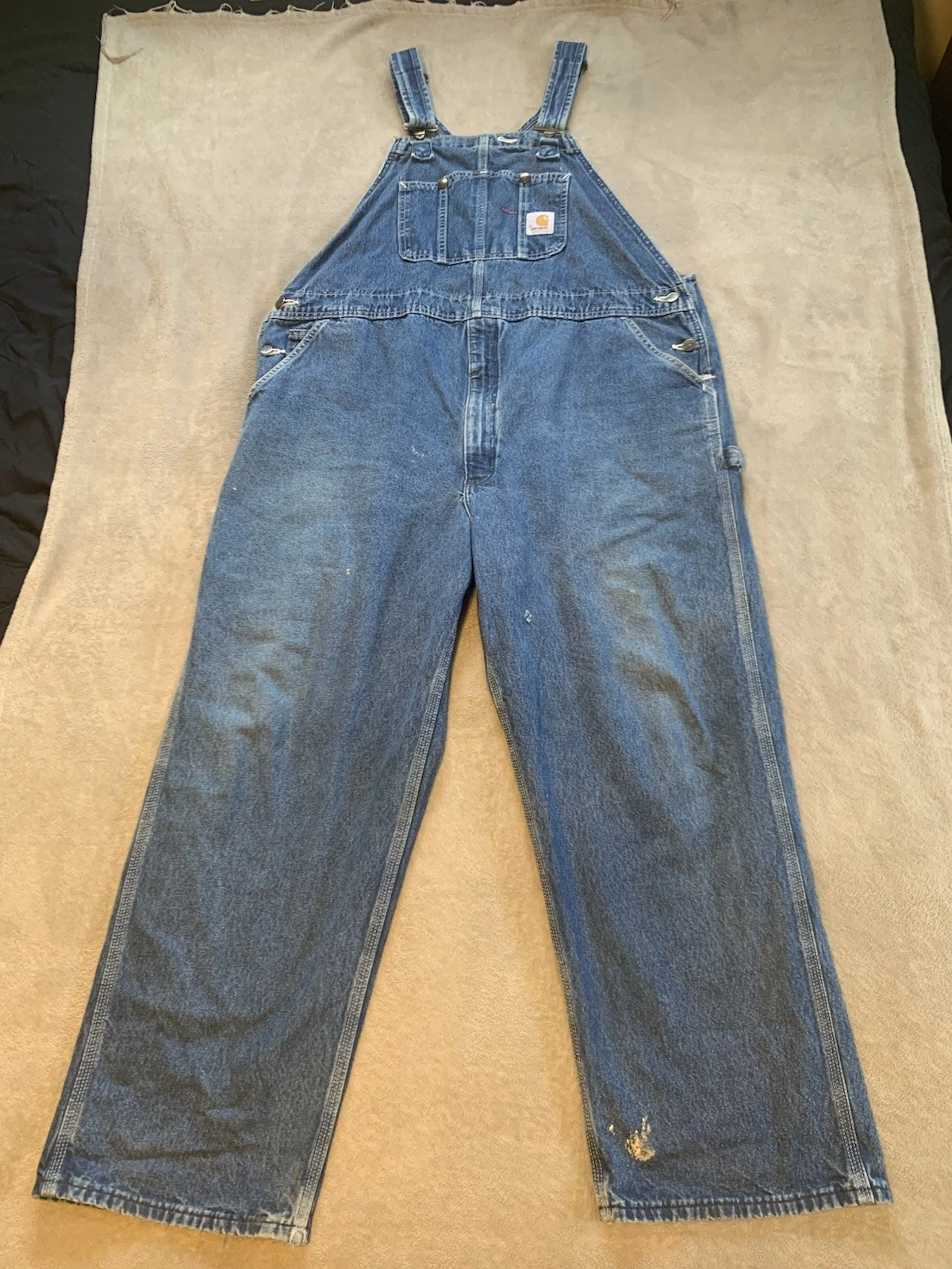 Carhartt Overalls Mens 46x30 Blue Denim Bib Workwear Outdoor R07 DST Farm