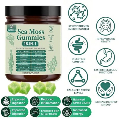 Sea Moss Gummies 16-in-1, Sea Moss Blend with Black Seed Oil-Green Apple Flavor