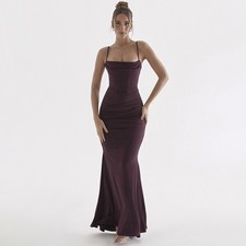 Women's Black Fishtail Maxi Dress Spaghetti Strap Slim Fit Evening Party Gown
