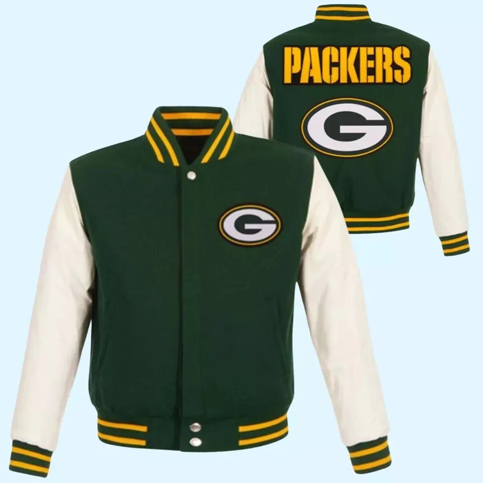Men's Green Bay Packers Leather Sleeve Baseball Jacket