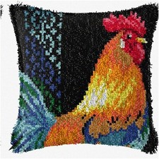 Rooster Haven Latch Hook Kit - Vibrant Pillow Crochet Yarn Rug with Pre-Printed