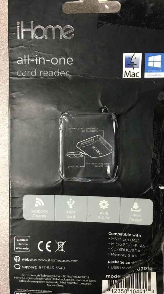 Lector de tarjetas todo en uno iHome 7 tarjetas 2016 Lifeworks, nuevo ~ paquete usado en estante Foto 2 de 2