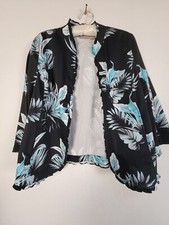 Chico's Black Blue Leaf Print Open Front Jacket with Ruffle Trim Size 1 Stretch