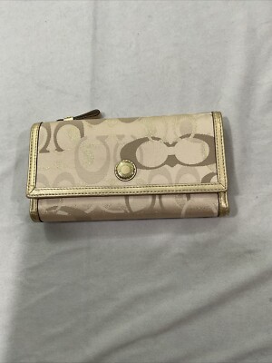 Coach Wallet Trifold Metallic Gold Beige Satin Signature Wallet