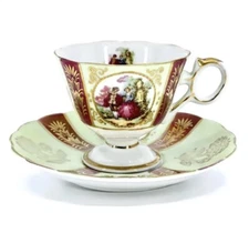 Royal Sealy China Courting Couple Footed Cup & Saucer Green Red Gold Lustre