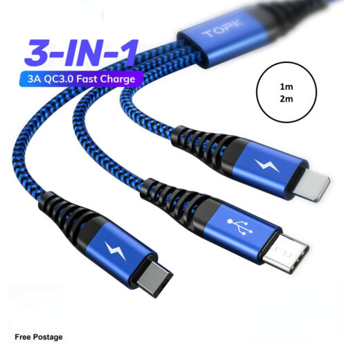 3 in 1 Fast Charging 3A USB Cable Charger Phone Type-C Micro USB iOS ALL Phones - Picture 3 of 15