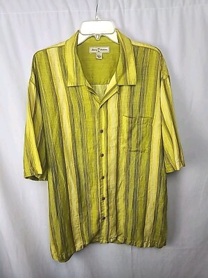 Tommy Bahama Mens 100% Linen Shirt XL Green Yellow Stripe