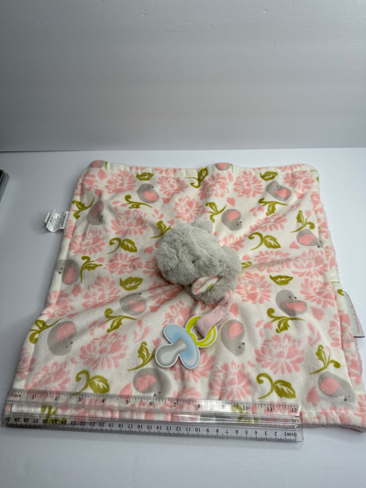 Blankets & Beyond Lovey Gray Bear Pink White Bird Flowers Pacifier Loop