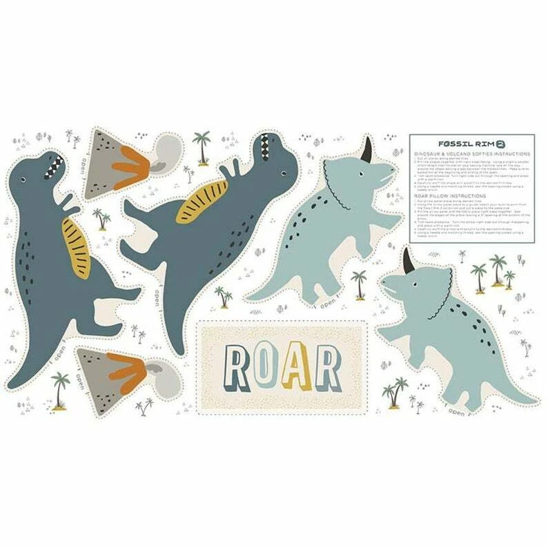 QUILTING TREASURES Fossil Rim Sew your Own Dinosaurs Blue Panel 100% Cotton Quilting Fabric