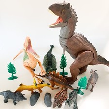 Lot Of 9 Plastic Toy Dinosaur Figures Trees Rocks T-Rex Makes Noises