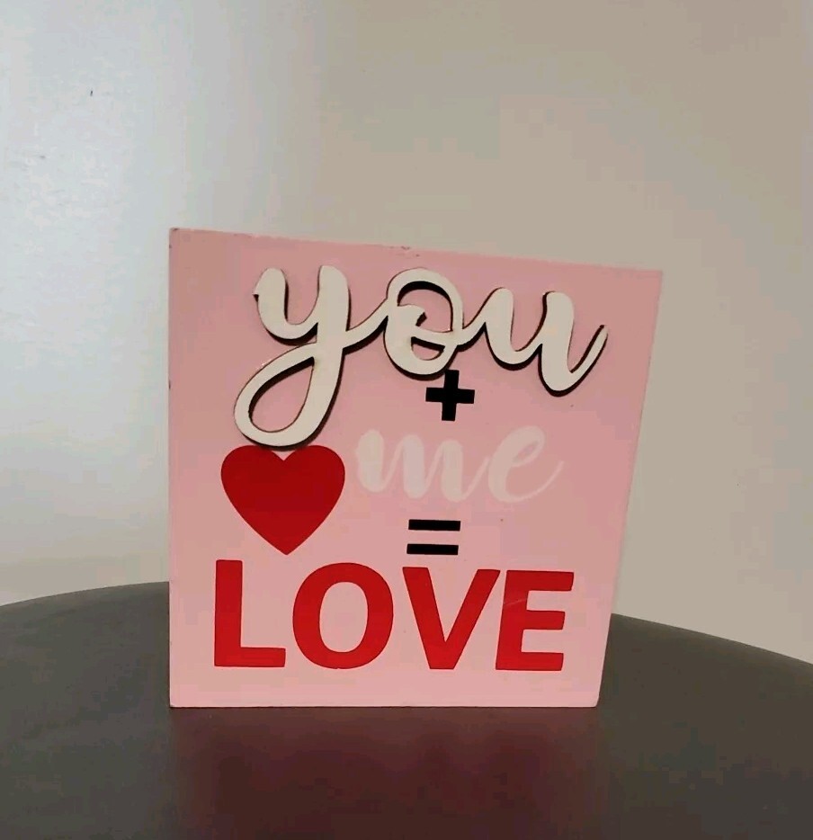 Small 4" Wood Block "You + Me = Love" Shelf Sitter Home Decor Pink eBay