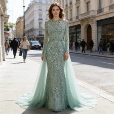 Evening Dress for Women Long Sleeves Detachable Train Beads Mermaid Formal Prom