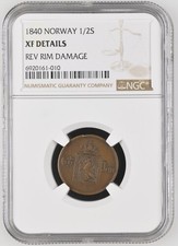 1840 NORWAY 1/2 SKILLING REV RIM DAMAGE NGC XF DETAILS Certified Coin
