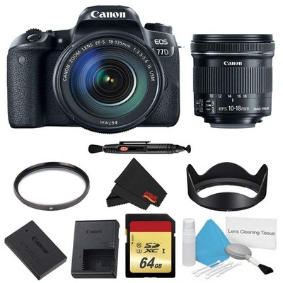 Canon EOS 77D DSLR Camera +18-135mm Lens Bundle w/Memory Kit + Bonus 10-18mm Len