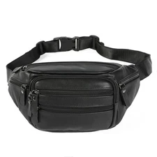 Black Leather Fanny Pack for Men & Women, Fashionable Multi-Pockets Waist Bel...