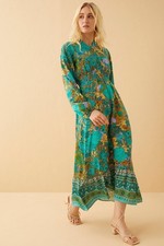 Bohera Nia Drop Waist Dress Sz M Teal Turquoise Gold Long Sleeve Midi Boho