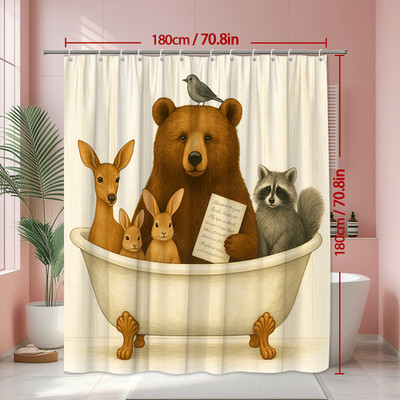 Cute Animal Shower Curtain with Bear, Deer, and Raccoon Design