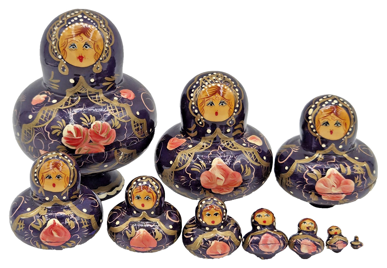 Russian Matryoshka 10 Piece Nesting Doll Set SIGNED Hand Painted FREE SHIP