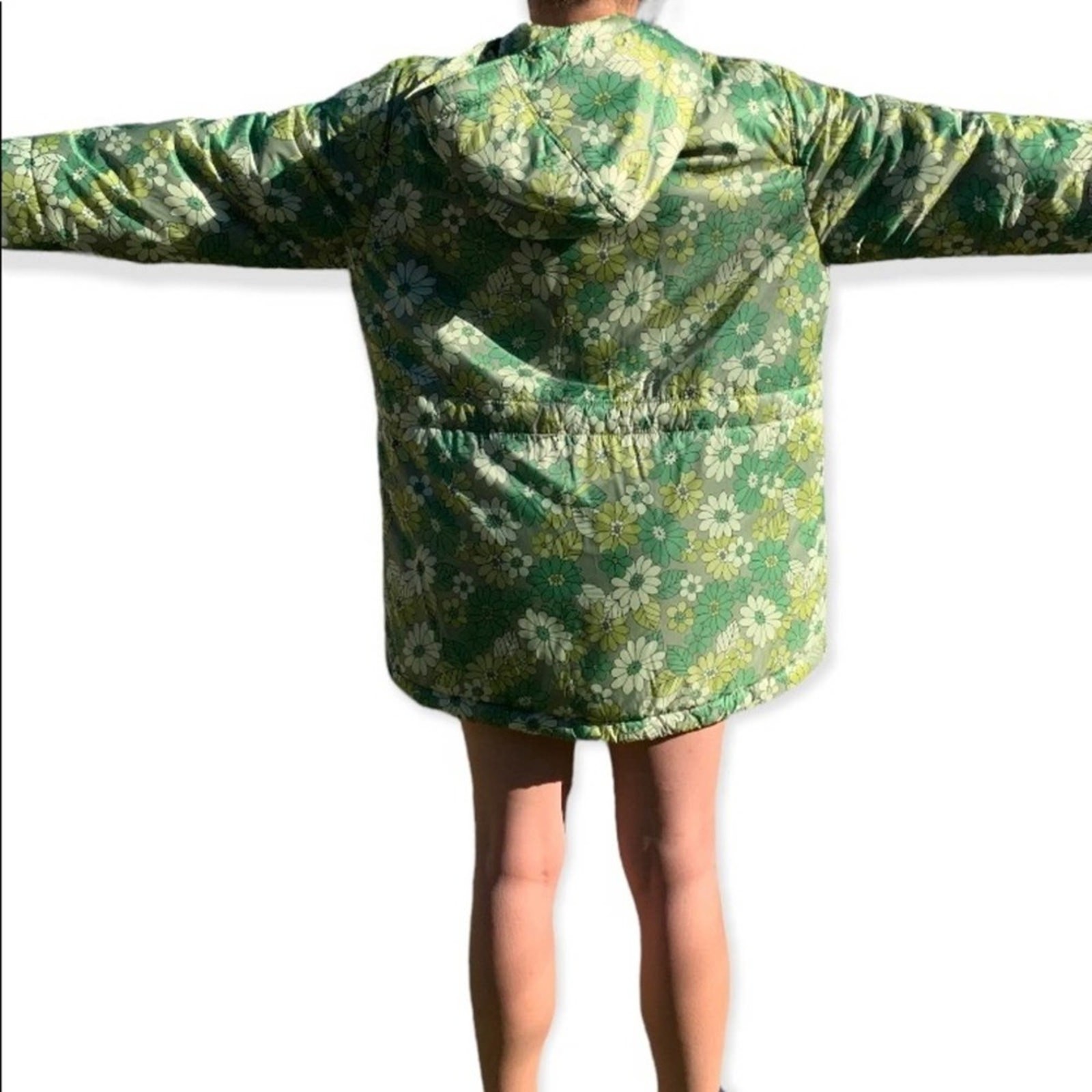 Zara Green Daisy Floral lightweight Puffer Hooded Jacket Size Medium/Large thumbnail 12