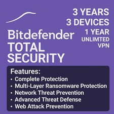 Bitdefender Total Security 2026 - 3 Years 3 Devices  1 Year Unlimited VPN
