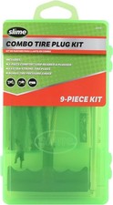 Tire repair kit with strings, tools, and gauge.