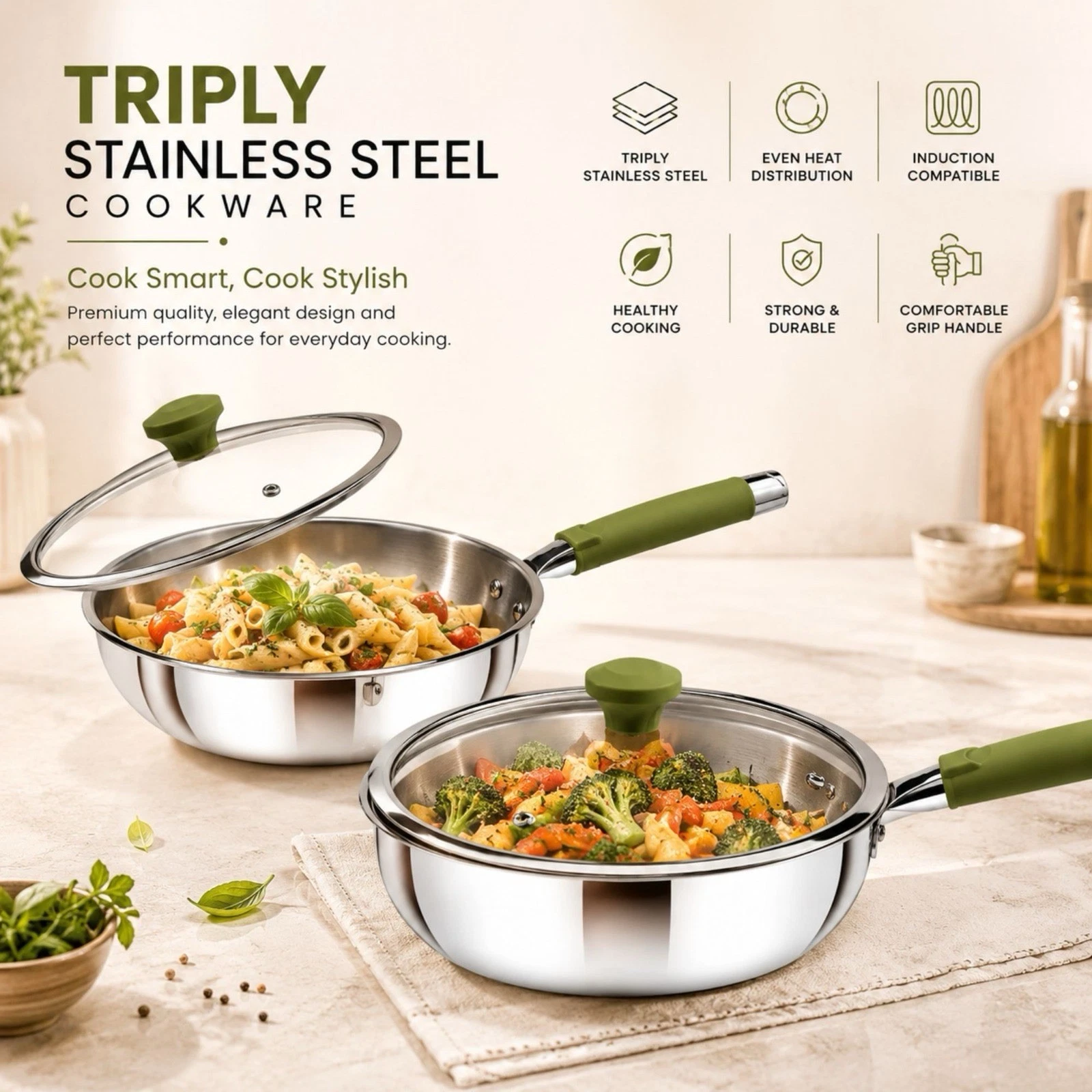 Triply Stainless Steel Fry Pan With Glass Lid Stir Fry Induction Base
