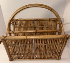 VINTAGE RATTAN BAMBOO RECORD MAGAZINE RACK BOOK HOLDER
