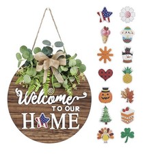 Rustic Round Wooden Welcome Sign 12" Interchangeable Seasonal Door Decor