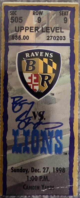 Barry Sanders Signed 12/27/98 Ravens v Lions Full Ticket – Last Game – COA