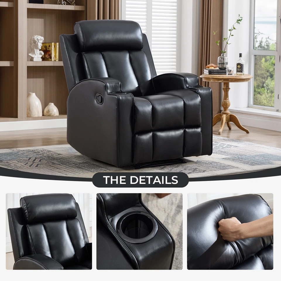 CANMOV Manual Recliner Chair with Cup Holder Padded PU Leather Recliner Black - Image 4 of 4