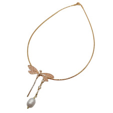 Collar Gargantilla Chapado en Oro Dijes Libélula Perla Arroz Blanco 16"