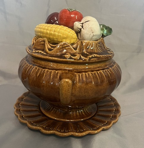 4 Piece California Pottery Soup Tureen Brown Vegetables With Ladle - Picture 4 of 12