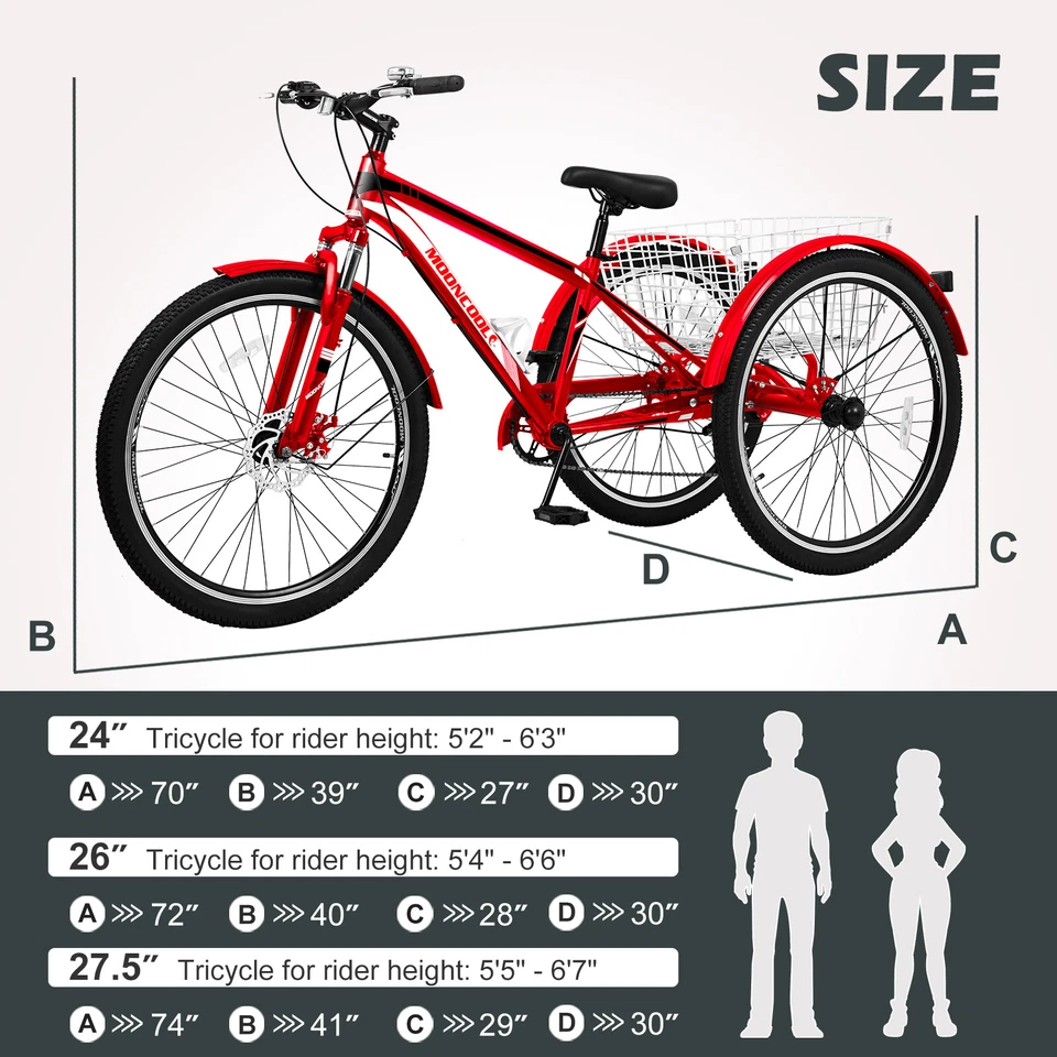 Triciclo de montaña para adultos, bicicleta de tres ruedas de 7 velocidades, triciclos para adultos 24/26/27,5 pulgadas Foto 2 de 4