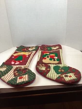 VTG Primitive Country Farmhouse Style Stockings Set Of 2. Red And Green 19”