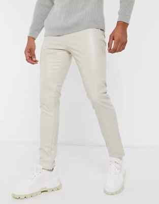 ASOS DESIGN Slim Fit Faux Leather Pants in Beige 32W 34L Men's Bottoms  UK
