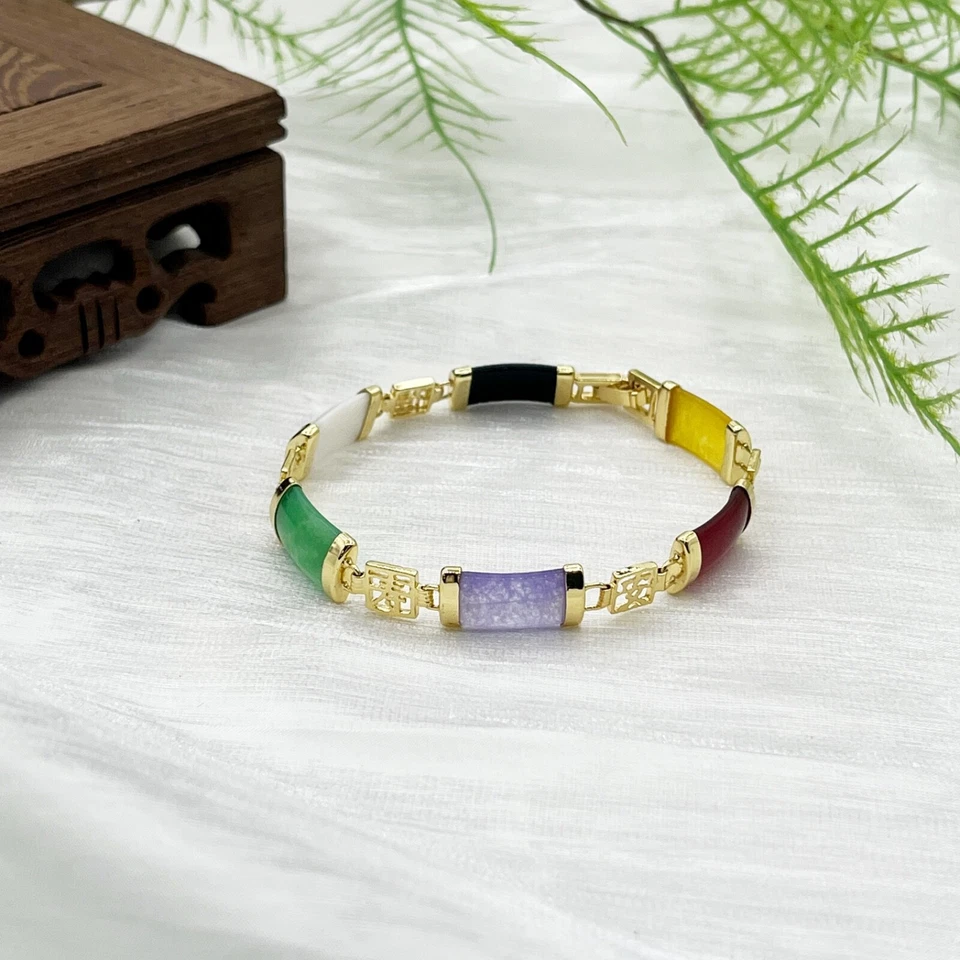 Pulsera de eslabones de jade de varios colores hecha a mano pulsera de piedras preciosas naturales Foto 4 de 4