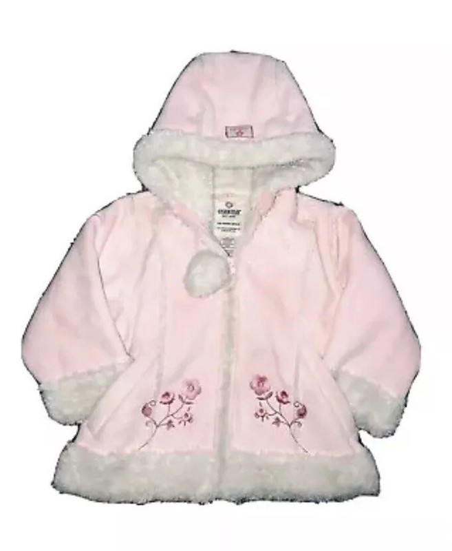 OshKosh Girls Pink Faux Suede Hooded Winter Coat Ivory Faux Fur Lining Size Sz 4